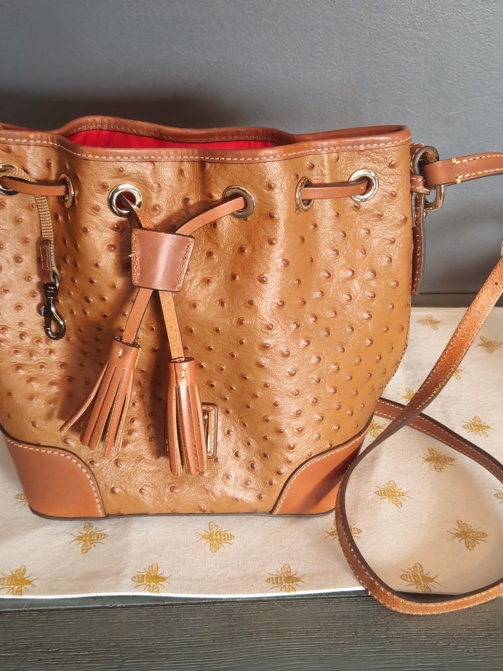 Dooney & Bourke Ostrich Small Drawstring Shoulder Bag Brown & Orange